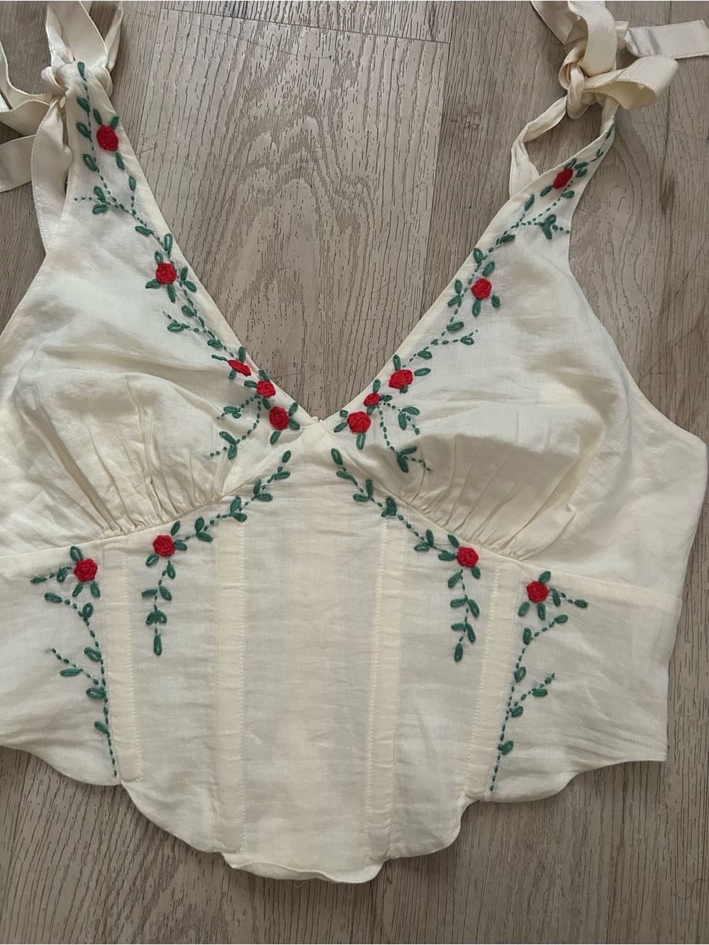 LPA White Embroidered V-Neck Corset Camisole with Red & Green Floral Detail - Picture 3 of 7